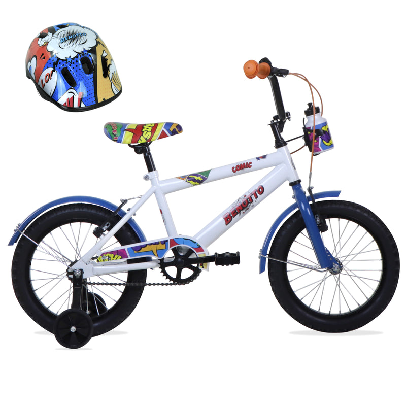 Bicicleta BENOTTO BMX COMIC R16 1V. Niño Ruedas Laterales, con Casco Acero Blanco/Azul Talla: UN