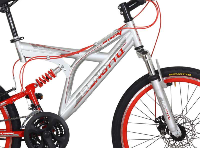 Bicicleta BENOTTO Montaña RUSH R24 21V. Hombre DS Sunrace Frenos Disco Delantero/'V' Trasero Acero Plata/Rojo Talla:UN